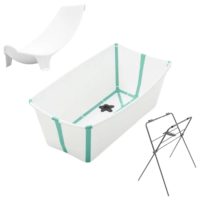 Zestaw Stokke Flexi Bath White Aqua - składana wanienka, wkładka dla noworodków i stojak